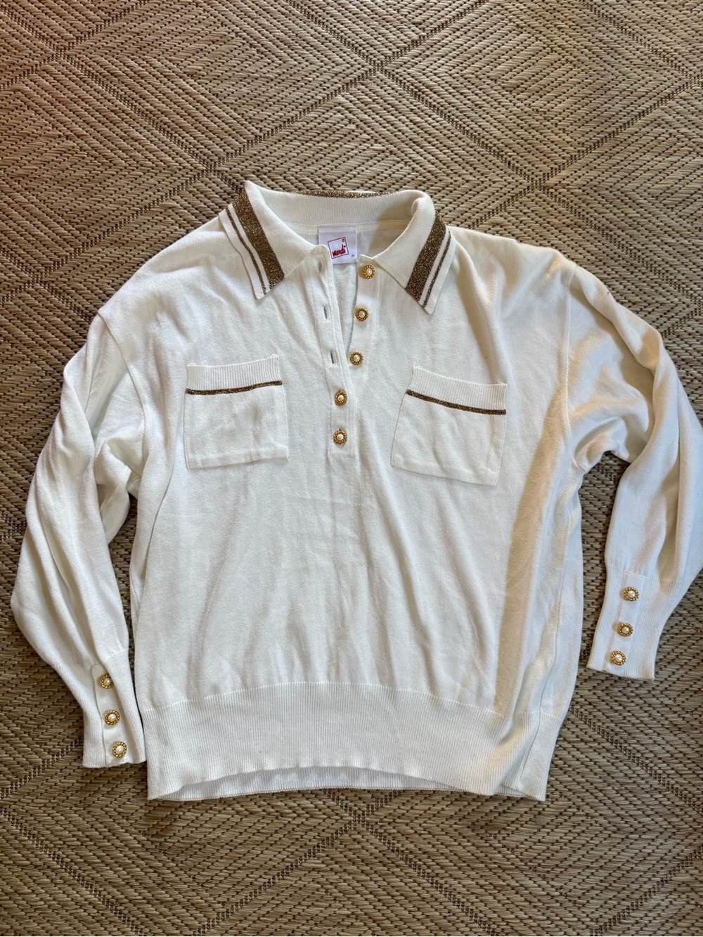 Vintage Mondi Germany Off White Knit Polo Sweater Gold Lurex Size 34